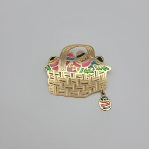 Vintage Two hands Easter Basket Hand Painted Cloisonne Enamel Brooch